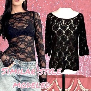 Joe Fresh Black Floral Lace Sheer Layering Top - Size Medium EUC Girly Boho 🍭